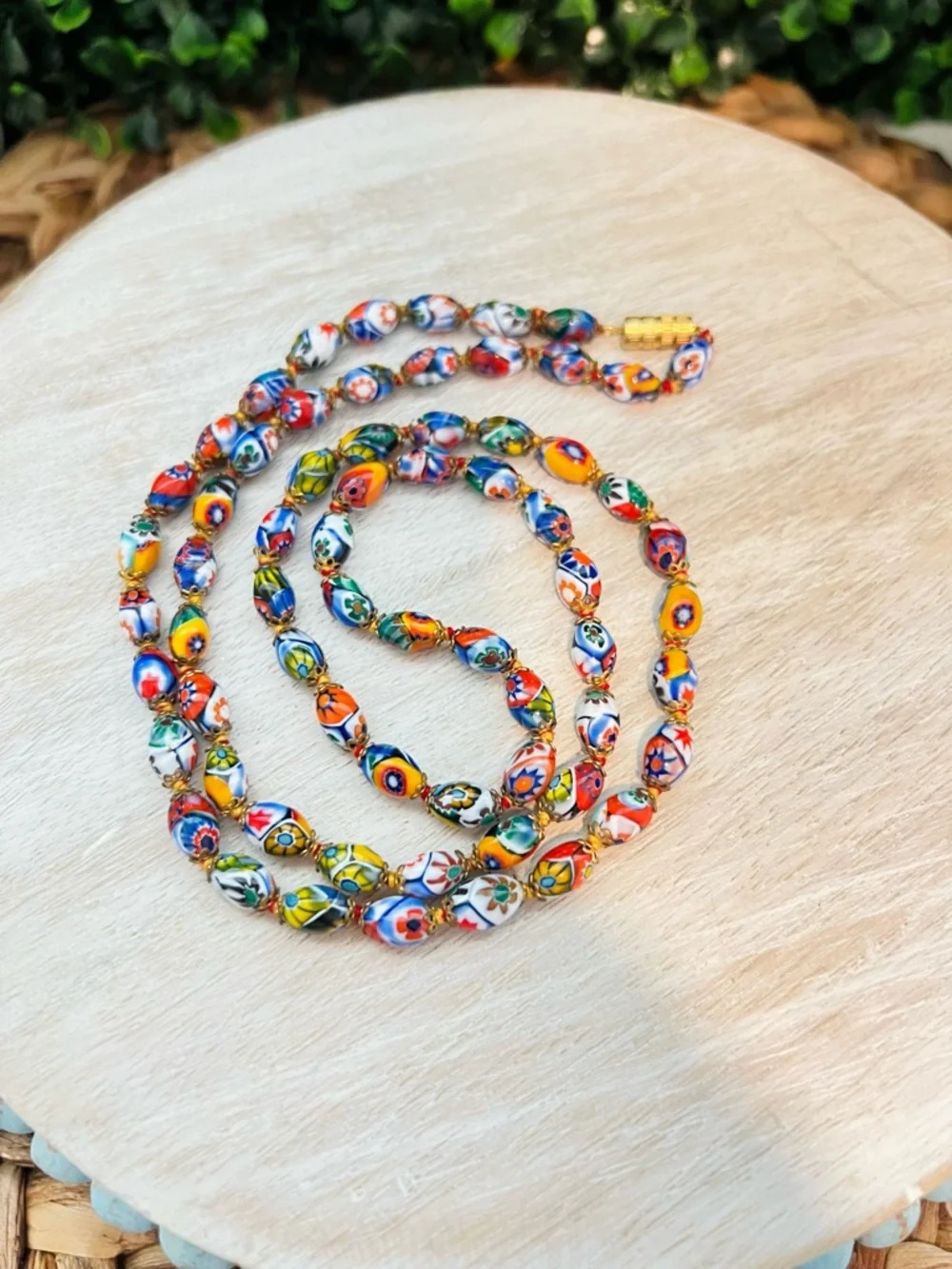 Vintage Murano Millefiori Glass Necklace 28” Hand-Knotted Venetian Mosaic Beads